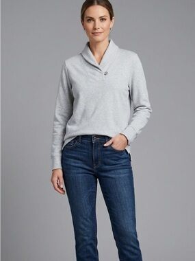 L.L. Bean Gray Pullover Sweater with Button Cowlneck Petite Medium